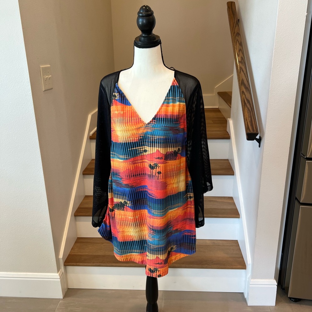 Vibrant Multicolor Coverup Dress with Black Sheer Cover